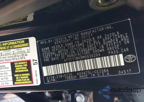 2021 Toyota Camry Se Nightshade Edition Awd from USA, damaged, VIN 4T1T11BK9MU030204